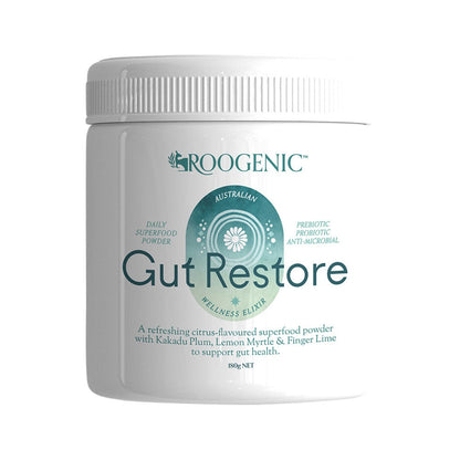Roogenic Gut Restore supplement container on a white background