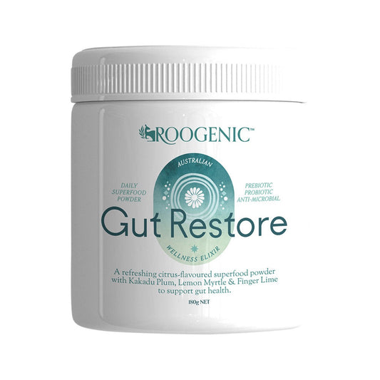 Roogenic Gut Restore supplement container on a white background