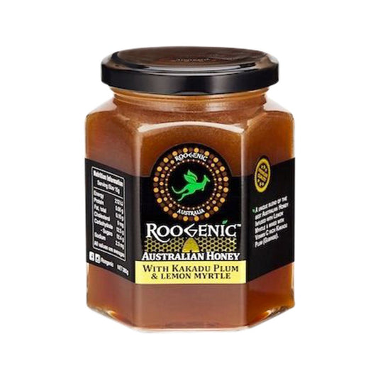 Jar of Roogenic Australian Honey with Kakadu Plum & Lemon Myrtle on a white background