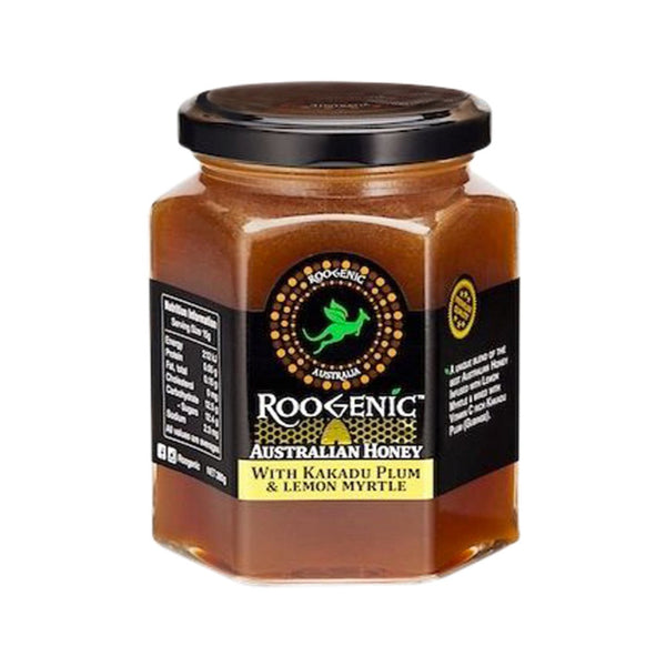 Jar of Roogenic Australian Honey with Kakadu Plum & Lemon Myrtle on a white background