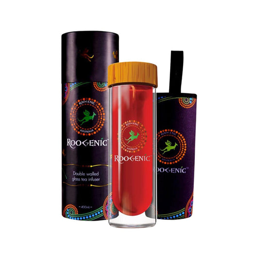 Red clear glass bottle with gold lid and purple packaging featuring 'Roo-Enic' branding on a white background.
