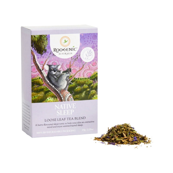 Roogenic Native Sleep tea blend packaging with loose leaf tea on a white background