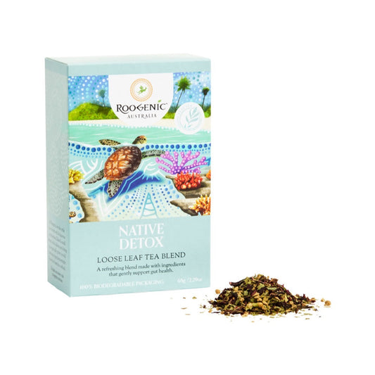 Roogenic Native Detox tea blend packaging with loose leaf tea on a white background