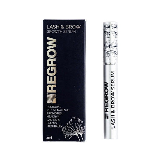Regrow lash and brow growth serum with packaging on a white background