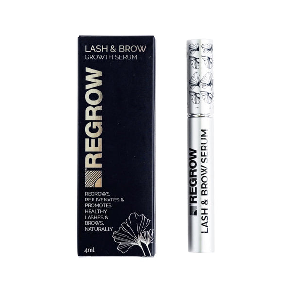 Regrow lash and brow growth serum with packaging on a white background