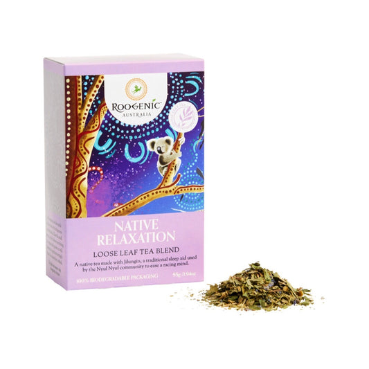 Roogenic Native Relaxation loose leaf tea blend packaging with tea leaves on a white background