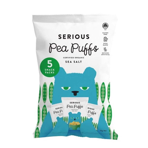 Package of Serious Pea Puffs with a blue bear illustration on a white background