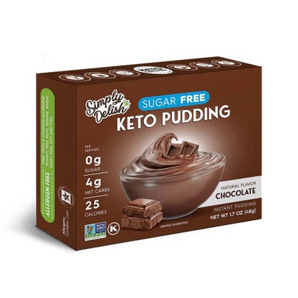 Box of Simply Delish sugar-free keto chocolate pudding on a white background
