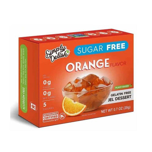 Box of Simply Delish sugar-free orange jelly dessert on a white background