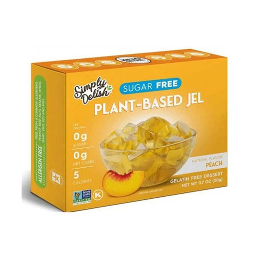 Box of Simply Delish sugar-free plant-based peach jelly on a white background