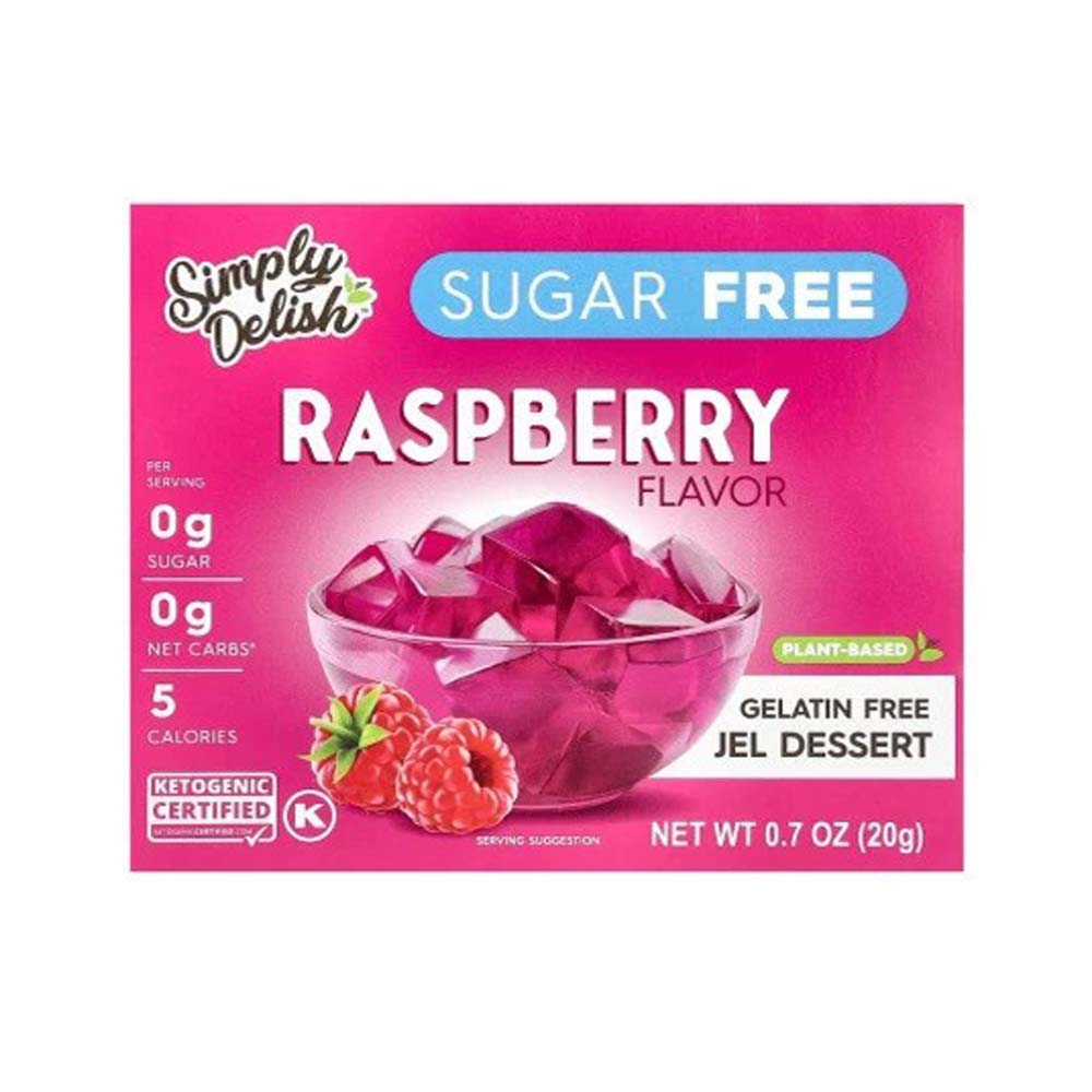 Sugar-free raspberry gelatin free jelly dessert package on a white background
