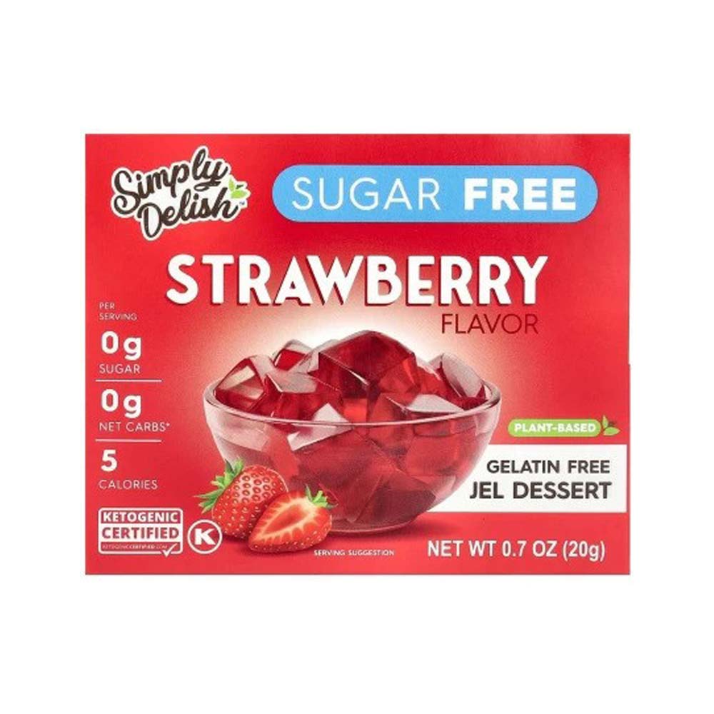 Sugar-free strawberry gelatin free jelly dessert package on a white background