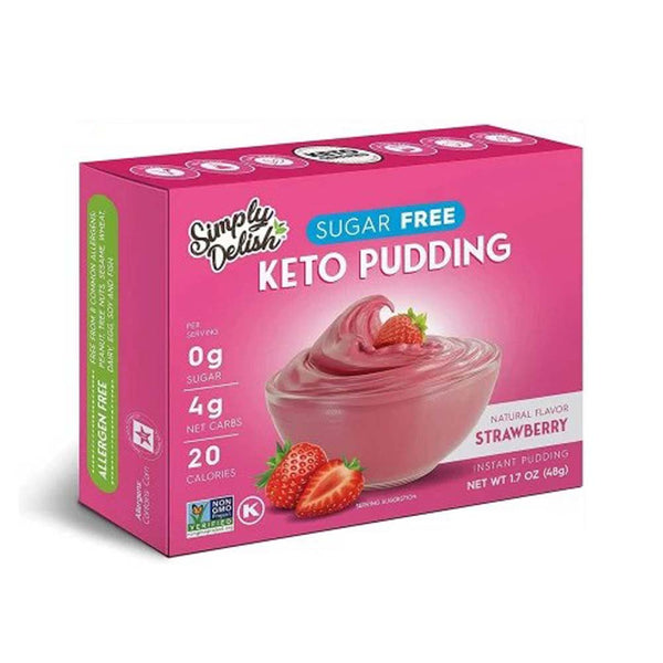 Box of Simply Delish sugar-free strawberry keto pudding on a white background
