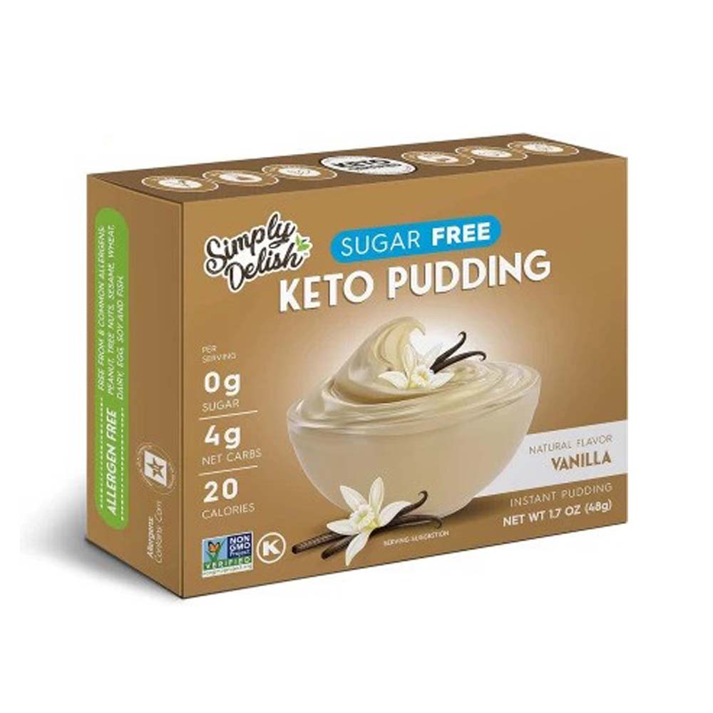 Box of Simply Delish sugar-free keto vanilla pudding on a white background