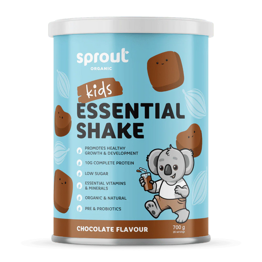 Sprout Organic Kids Essential Shake container with a blue label and cartoon koala on a white background