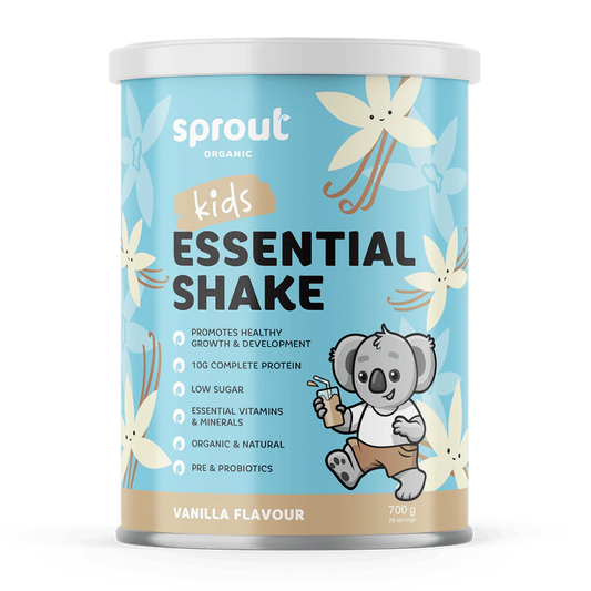 Sprout Organic Kids Essential Shake container with vanilla flavor on a white background