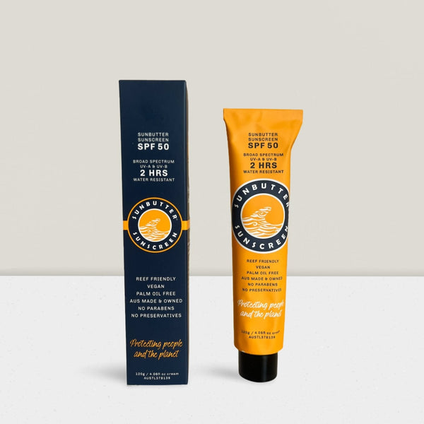 Sunbutter Sunscreen SPF 50 tube and packaging on a white background