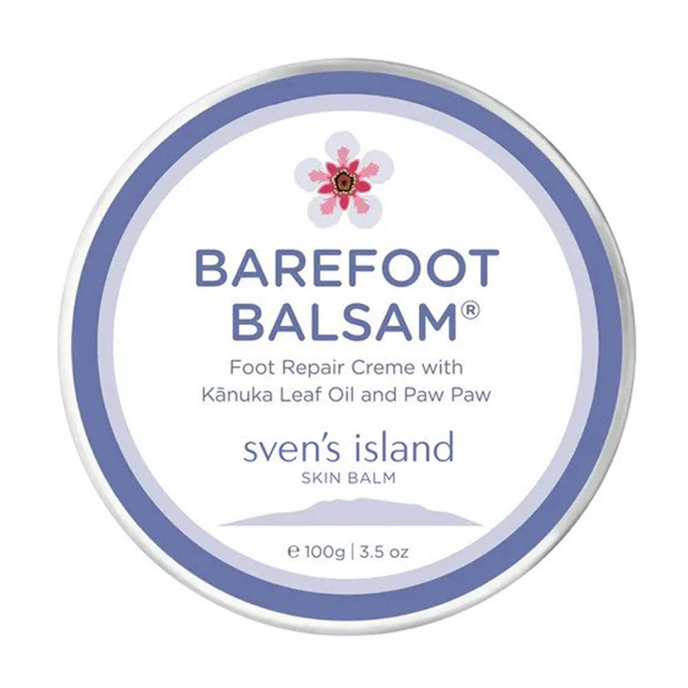 Barefoot Balsam foot repair crème container with branding on a white background