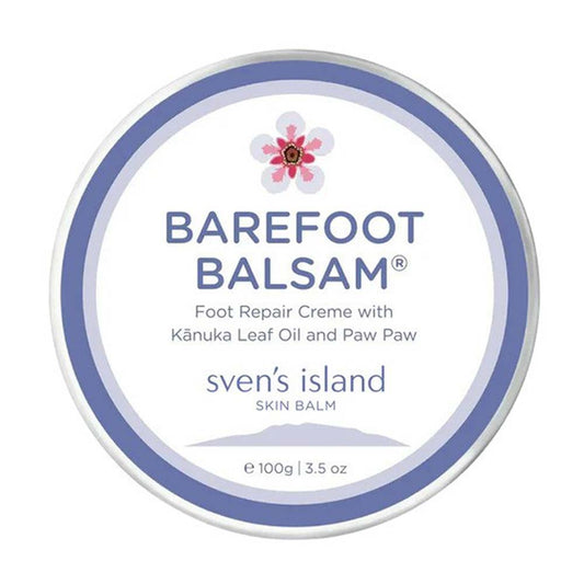 Barefoot Balsam foot repair crème container with branding on a white background