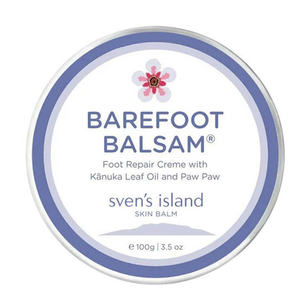 Barefoot Balsam foot repair crème container with branding on a white background