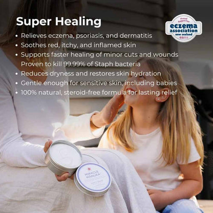 Woman and child with a skincare product, emphasizing its benefits for eczema and dermatitis.