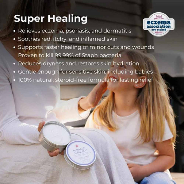 Woman and child with a skincare product, emphasizing its benefits for eczema and dermatitis.