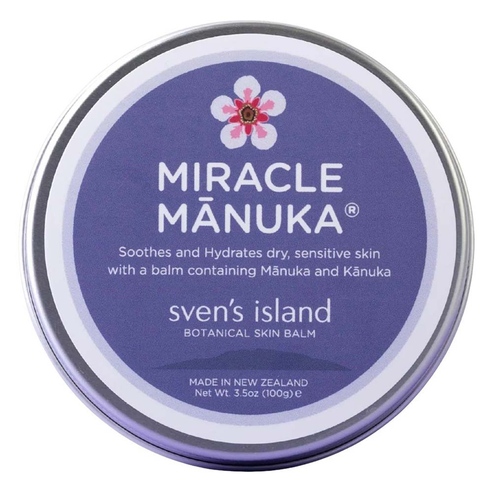 Tin of sven's island Miracle Manuka botanical skin balm on a white background