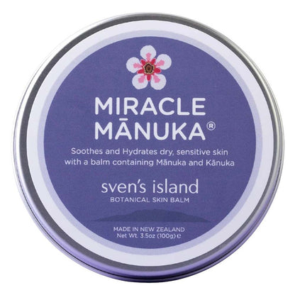 Tin of sven's island Miracle Manuka botanical skin balm on a white background