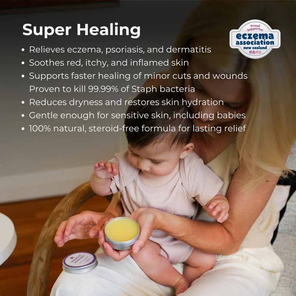 Baby being held by a person with a jar of cream, surrounded by text about the product's benefits.