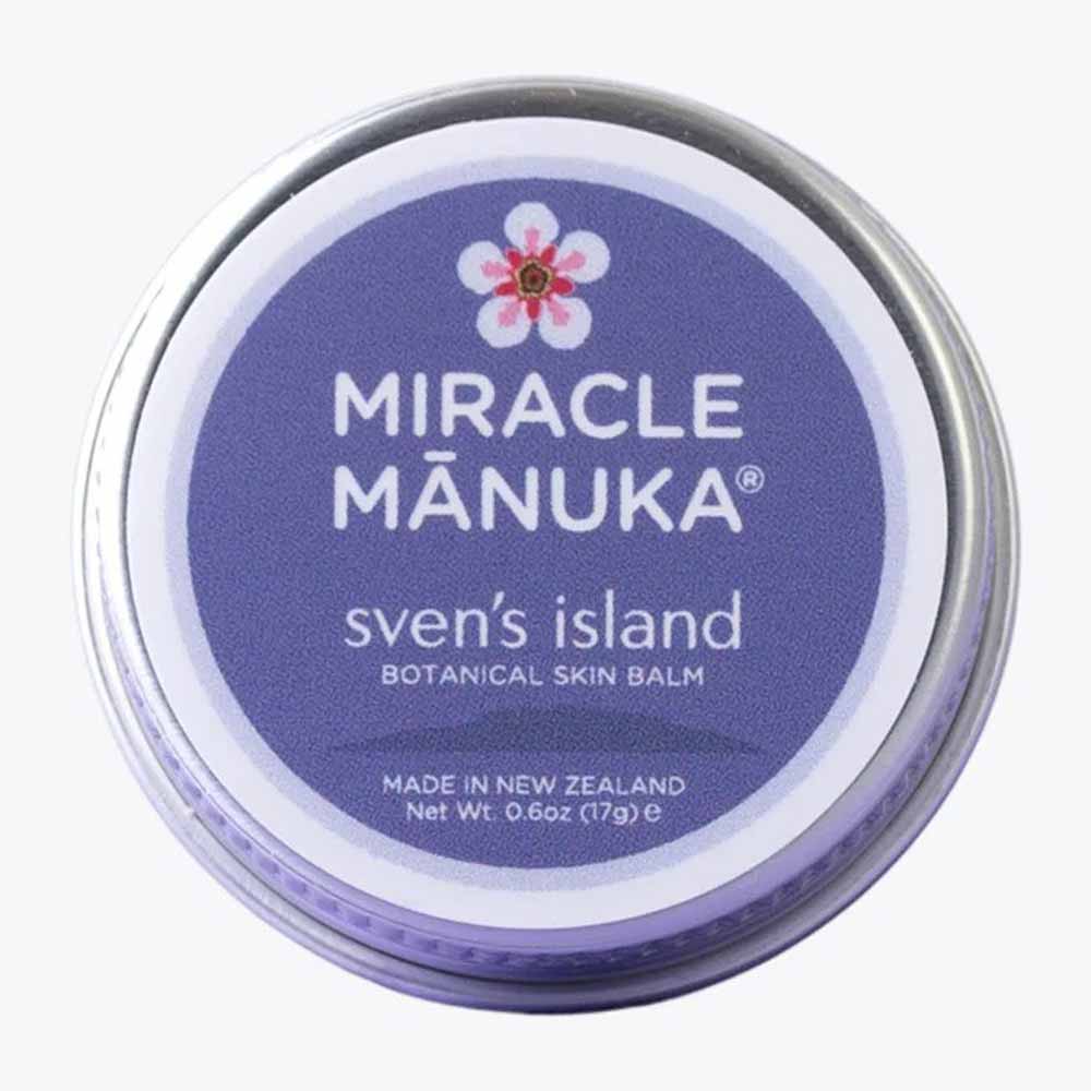 Tin of Miracle Manuka sven's island botanical skin balm on a white background