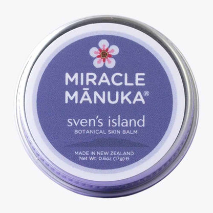 Tin of Miracle Manuka sven's island botanical skin balm on a white background