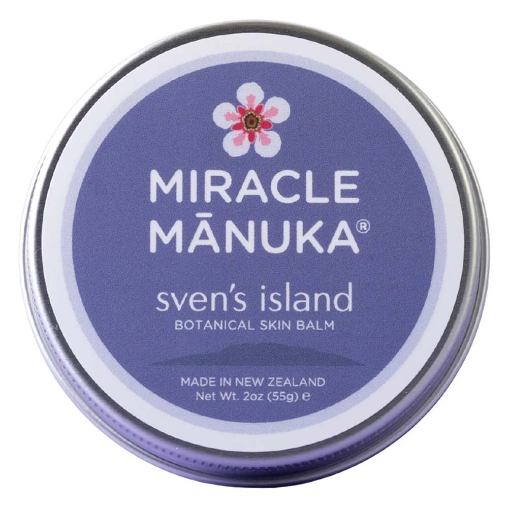 Tin of Miracle Manuka sven's island botanical skin balm on a white background