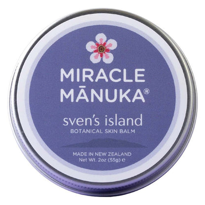 Tin of Miracle Manuka sven's island botanical skin balm on a white background