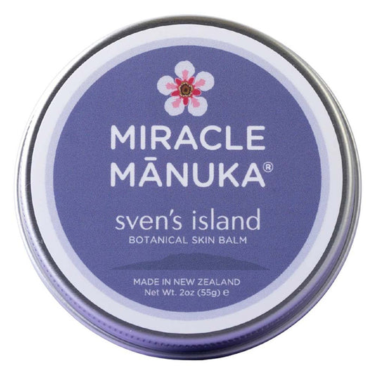 Tin of Miracle Manuka sven's island botanical skin balm on a white background