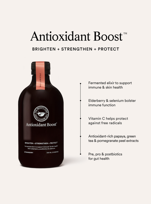 The beauty chef Antioxidant Boost bottle with benefits on a white background
