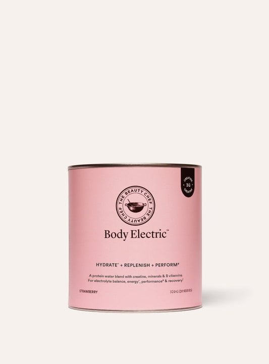 The beauty chef pink canister with 'Body Electric' branding on a white background