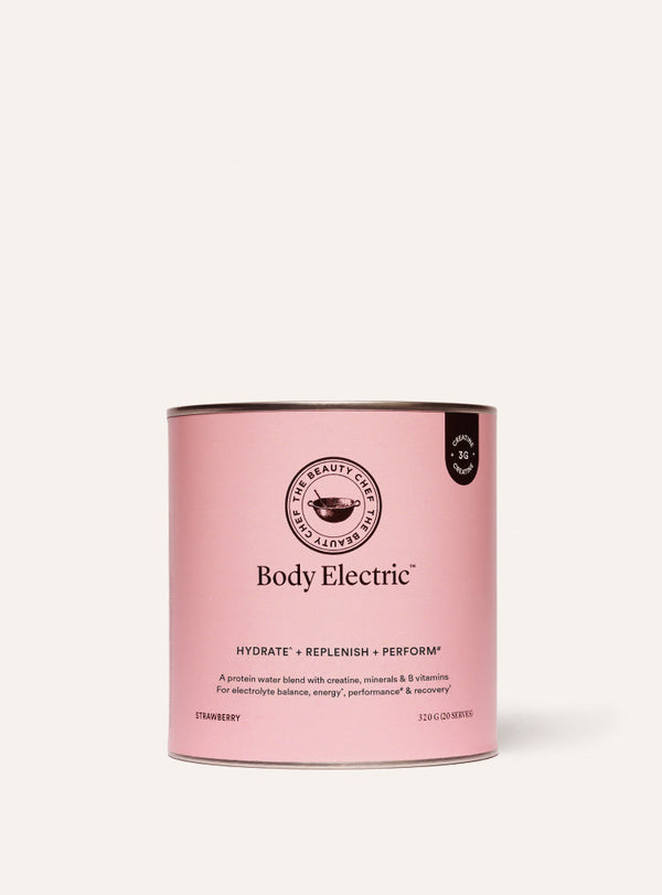 The beauty chef pink canister with 'Body Electric' branding on a white background