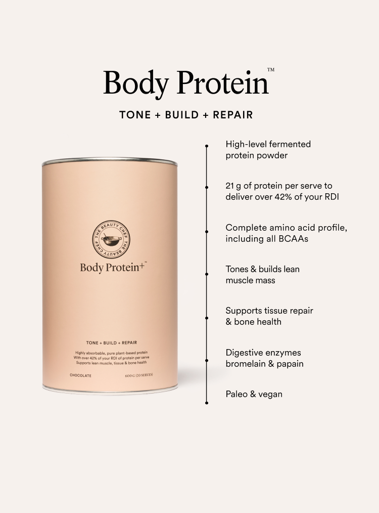 The beauty chef Body Protein container with benefits listed on a white background