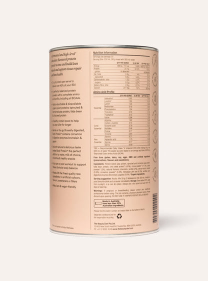 The beauty chef chocolate protein podwer nutritional label on a cylindrical container with a white background
