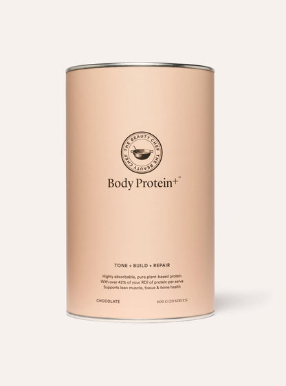 The beauty chef Body Protein+ container with a beige label on a white background