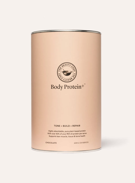 The beauty chef Body Protein+ container with a beige label on a white background