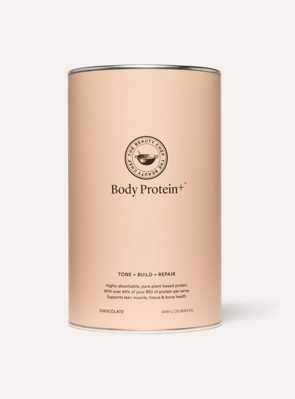 The beauty chef Body Protein+ container with a beige label on a white background