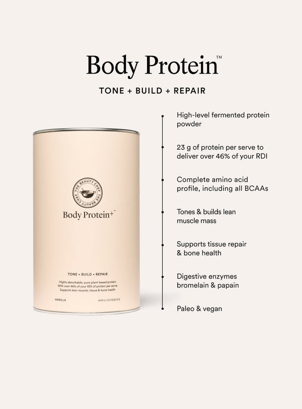 The Beauty Chef Body Protein+ vanilla protein powder container with product details on a white background