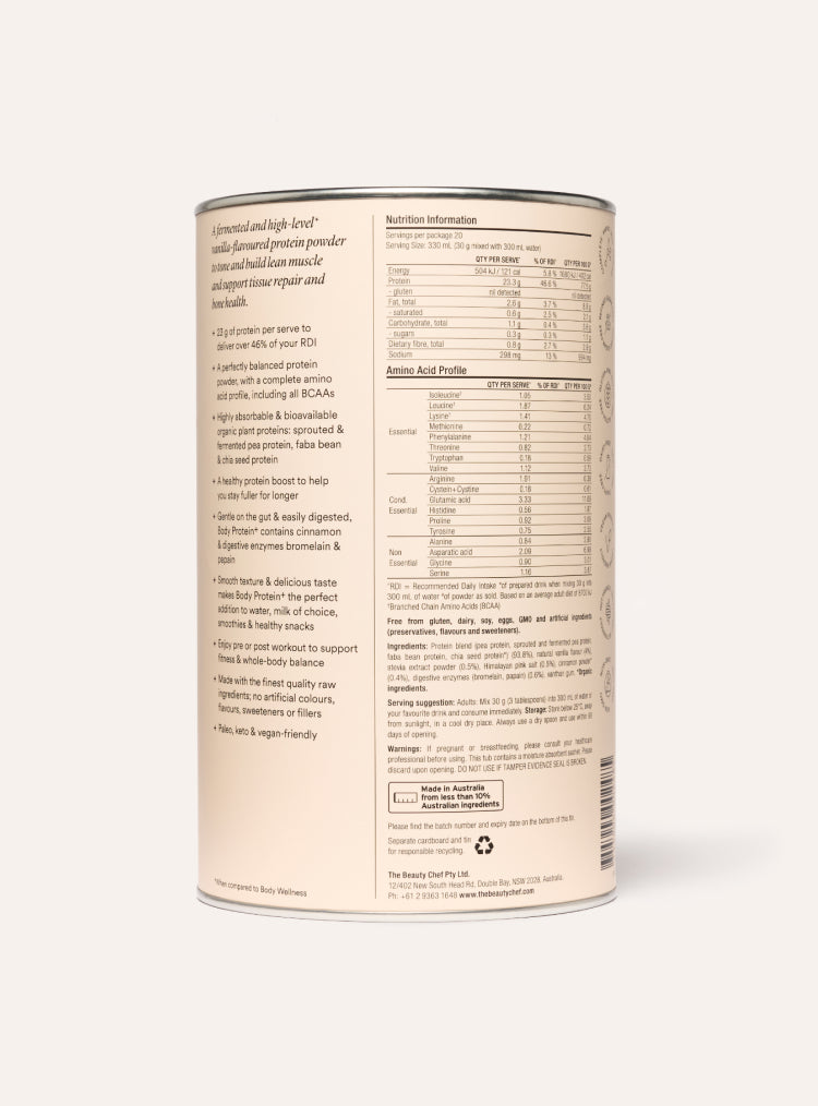 The beauty chef vanilla protein powder nutritional label on a supplement container with a white background