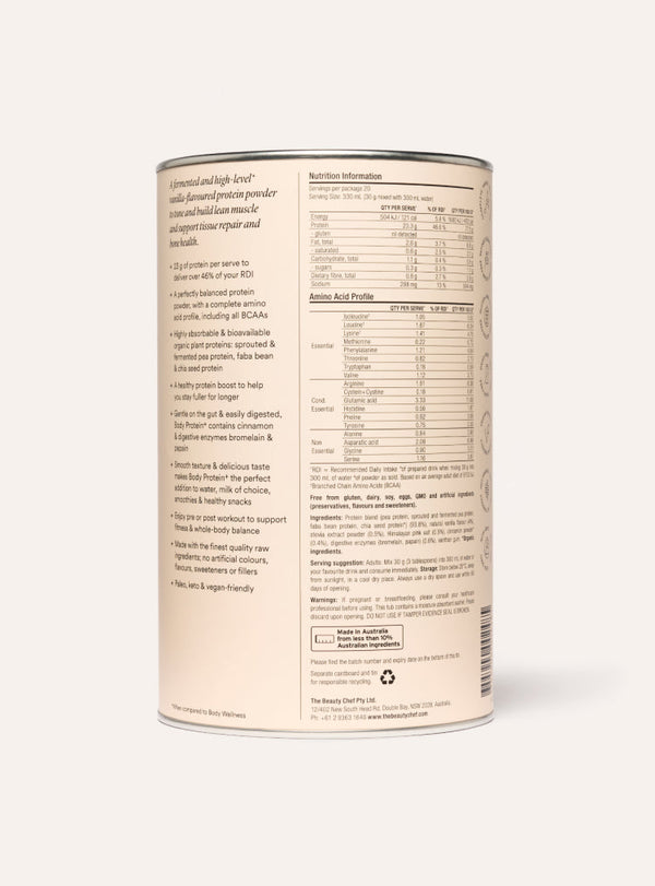 The beauty chef vanilla protein powder nutritional label on a supplement container with a white background