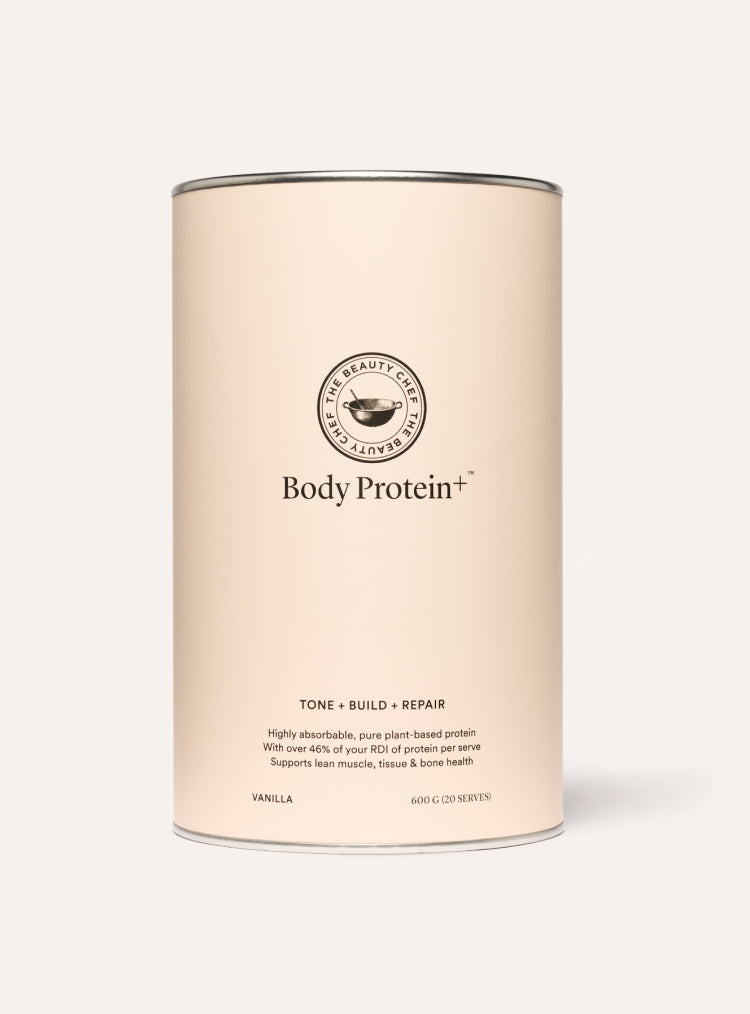The Beauty Chef Body Protein+ vanilla protein powder container on a white background