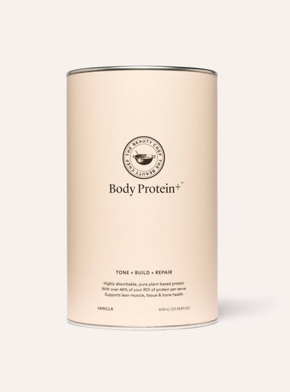 The Beauty Chef Body Protein+ vanilla protein powder container on a white background