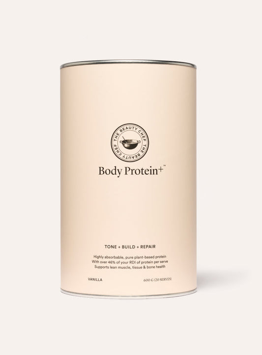 The Beauty Chef Body Protein+ vanilla protein powder container on a white background
