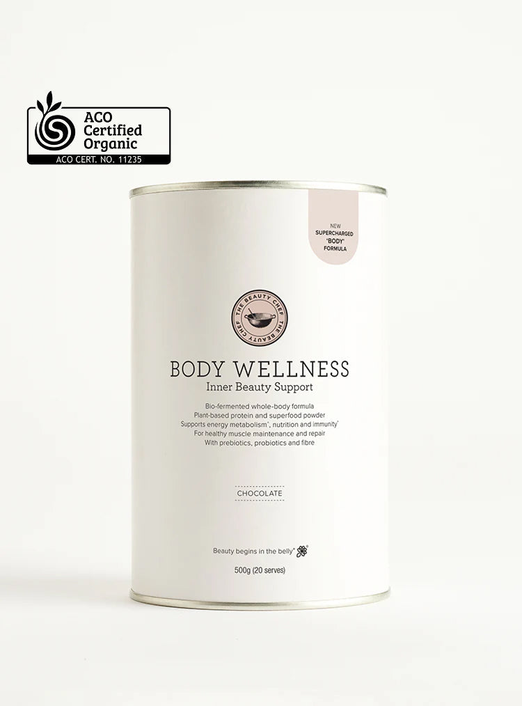 The beauty chef body wellness inner beauty support container with ACO Certified Organic label on a white background