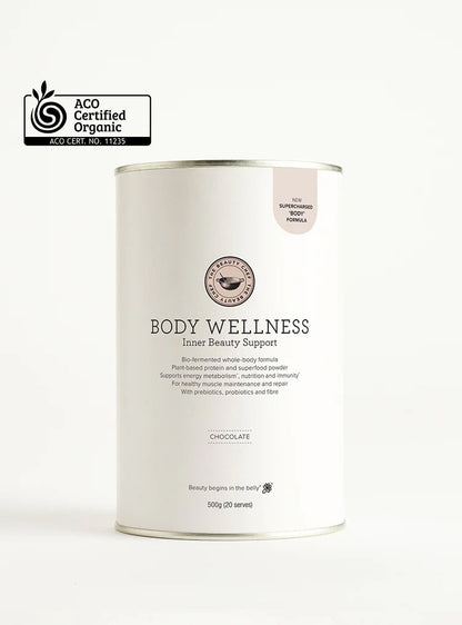 The beauty chef body wellness inner beauty support container with ACO Certified Organic label on a white background
